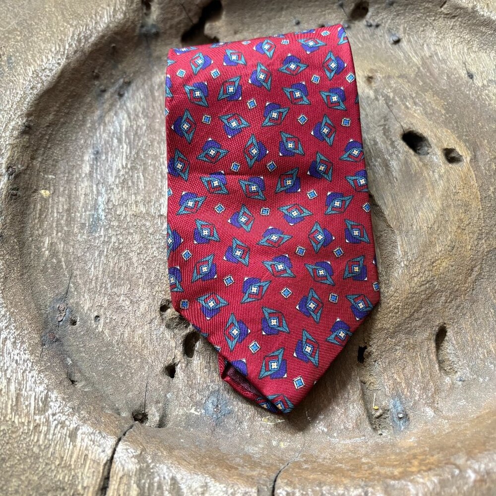 Christian Dior red silk geometric print necktie 4" wide menswear dapper academia
